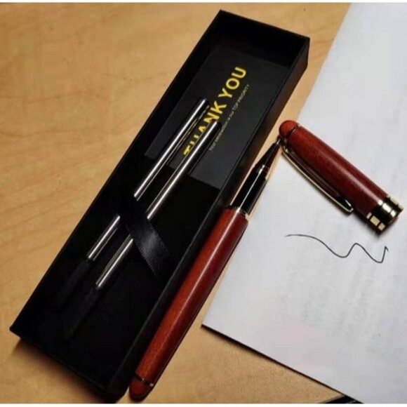 New Genuine Rosewood Ballpoint Pen Writing Set - Extra 2 Black Ink Refills - Picture 2 of 2